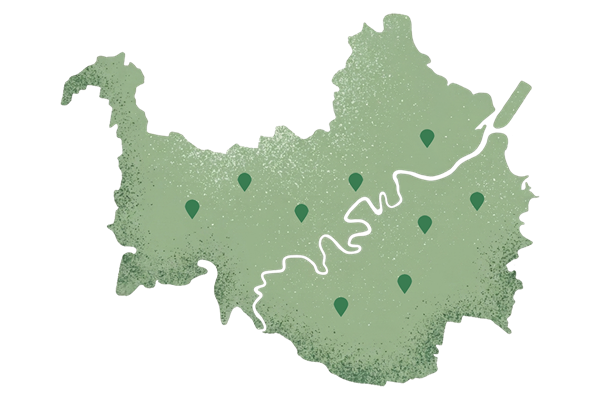 Illustrated map of Brisbane with vegan spots marked
